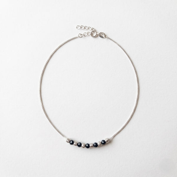 Classic Black Bead Station Silver Anklet