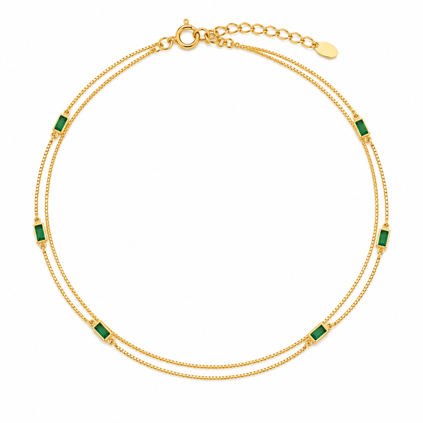 Dual-Strand Emerald Baguette Gold Anklet