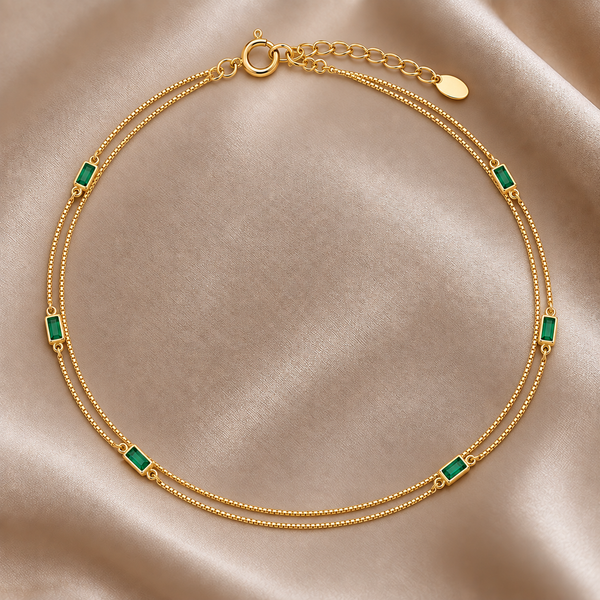 Dual-Strand Emerald Baguette Gold Anklet