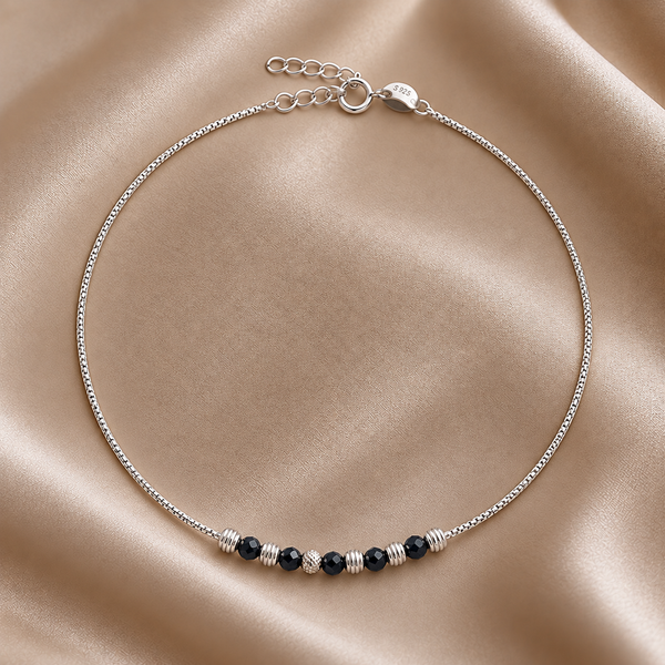 Classic Black Bead Station Silver Anklet
